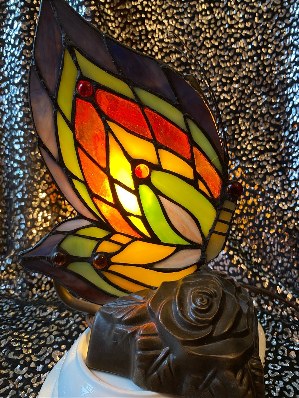 Stained Glass Butterfly Lamp in Blue, Green, Yellow & Orange whimsical Fairy